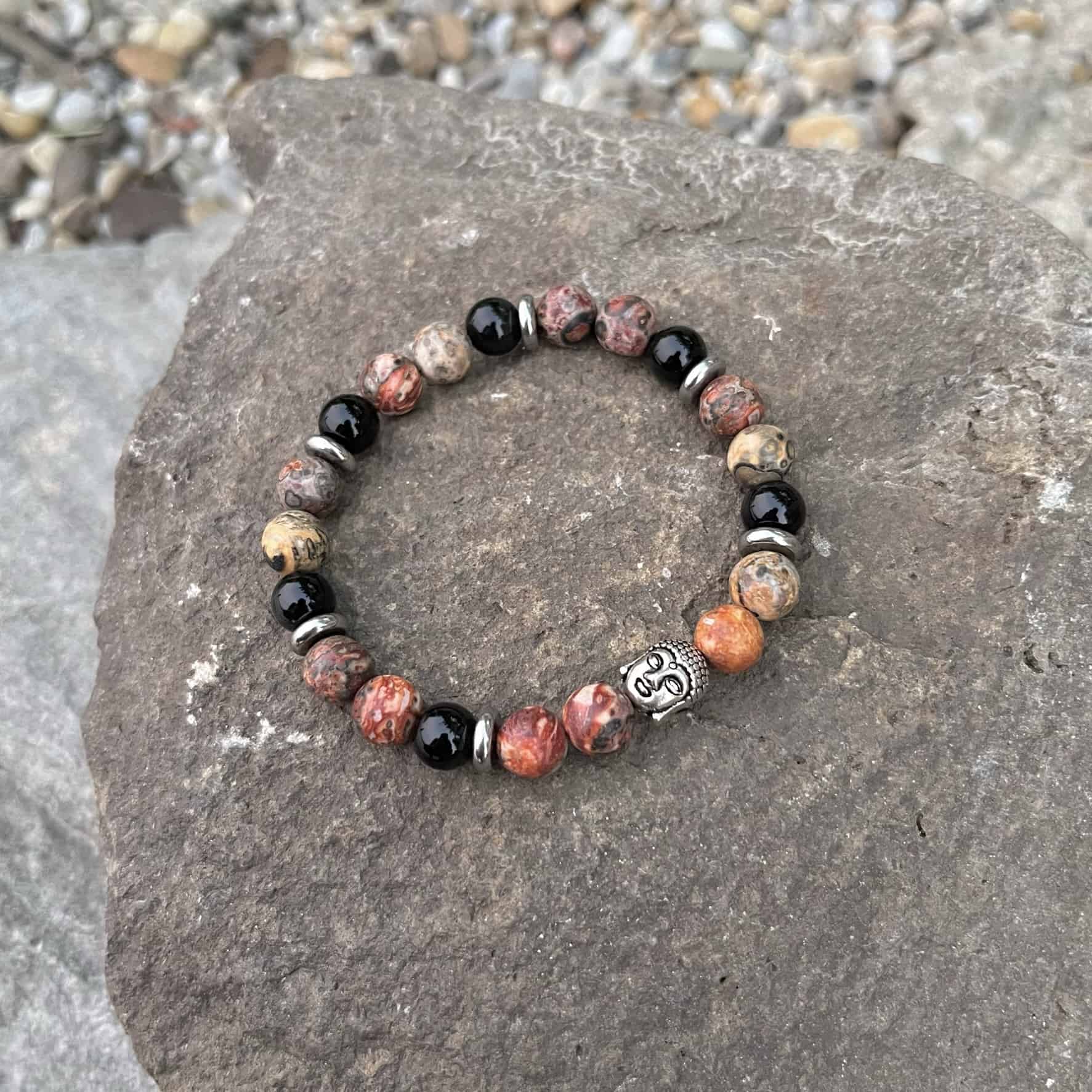 Leopárd jáspis és apacskönny obszidián karkötő