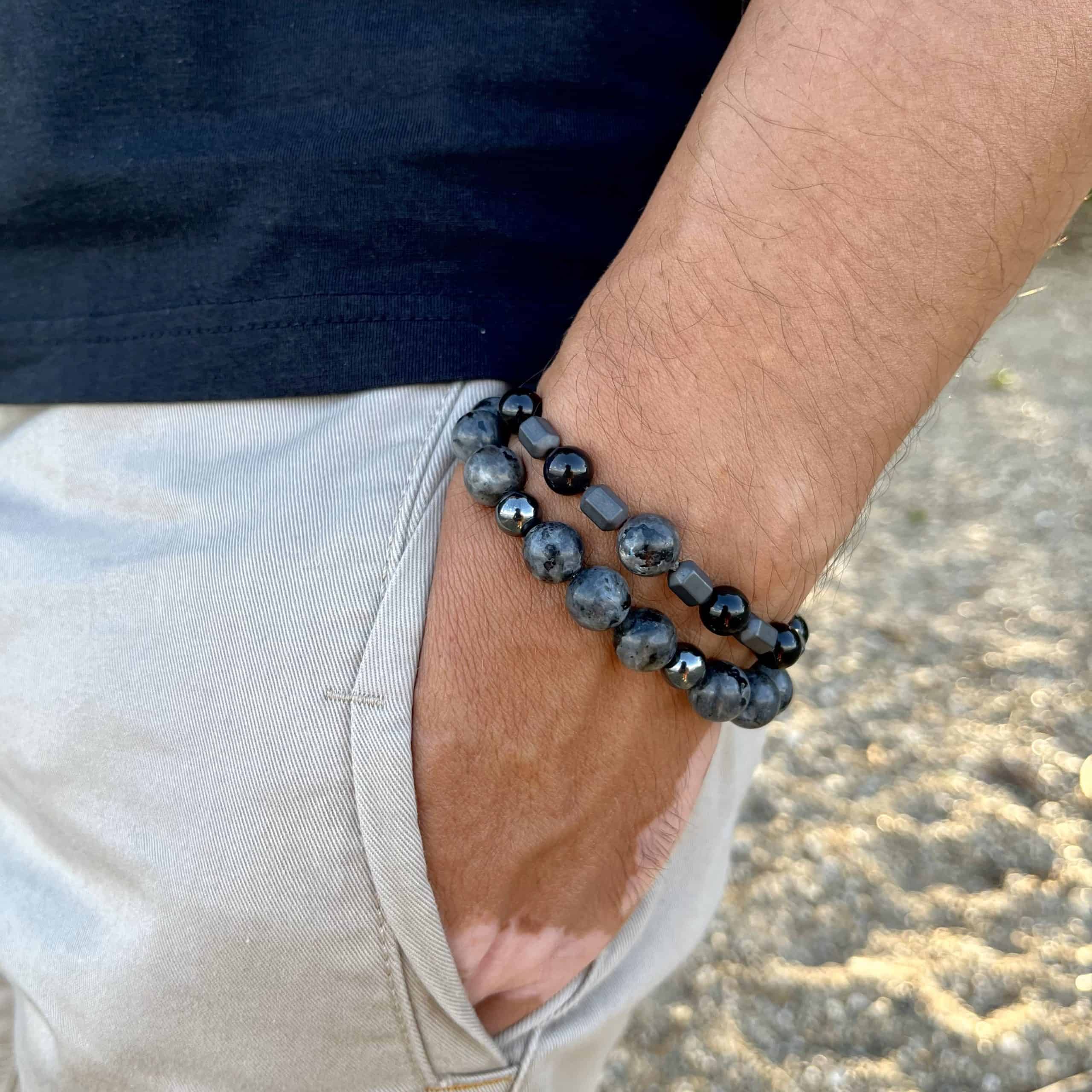 Norvég labradorit (larvikit) és hematit karkötő