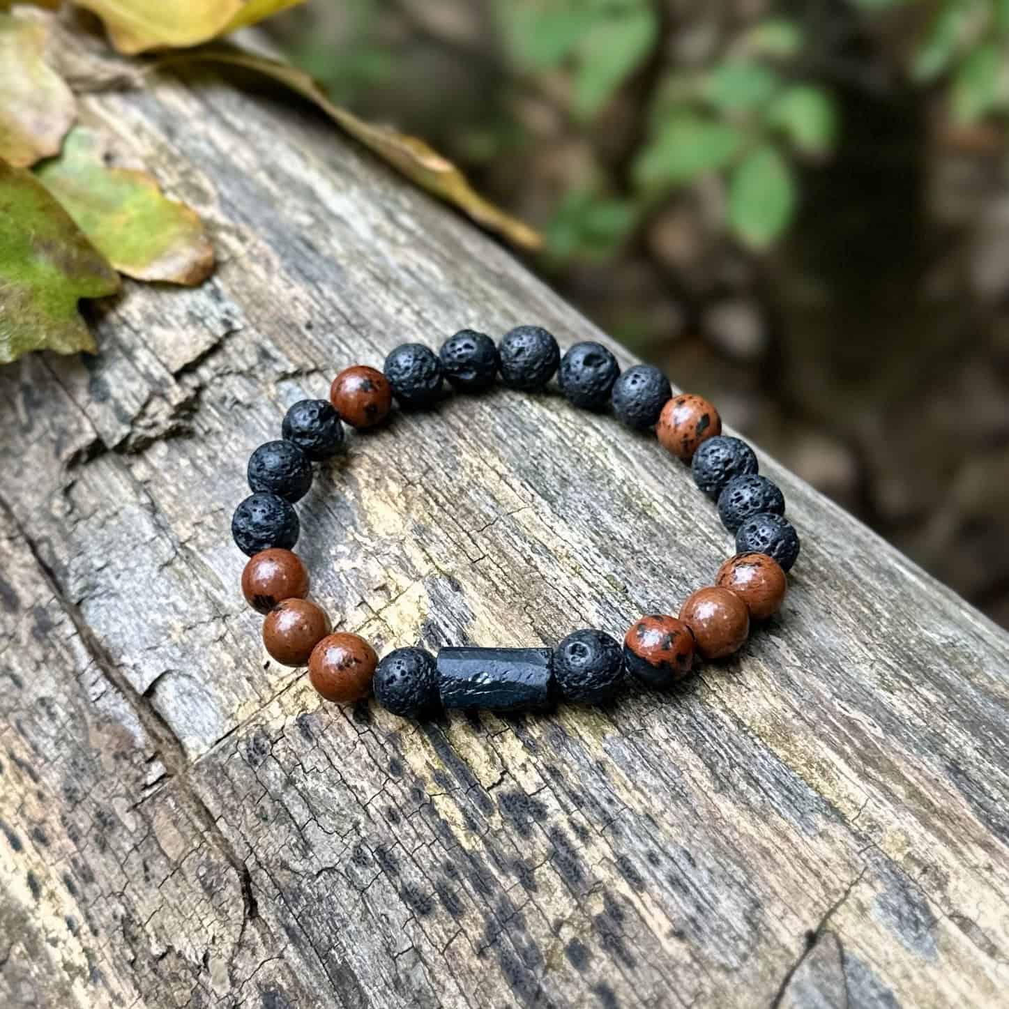 Fekete turmalin, mahagóni obszidián és lávakő karkötő